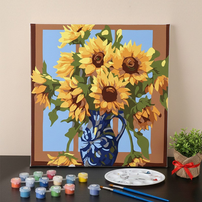 스토리원 U-ALAC-115 풍수지리 인테리어 해바라기 DIY 그리기 피포 페인팅 세트, 1세트, 창가물병 30*30cm