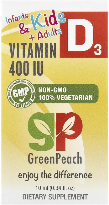 GreenPeach 영유아 및 어린이 + 성인 비타민D3 400IU 10ml(0.34fl oz), GreenPeach영유아및어린이성인비타민D3400IU1, 1개, 10ml - 쿠팡
