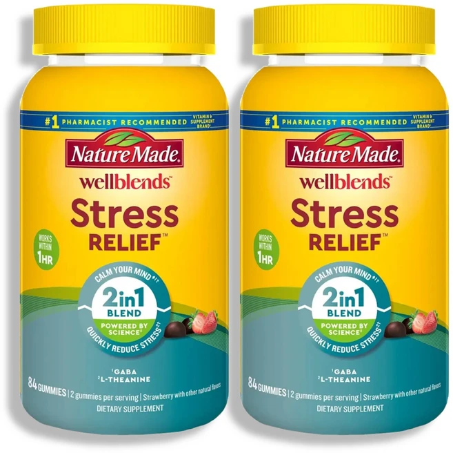 [1/2/3/4/5/6병 택1] 네이처메이드 스트레스 릴리프 L-테아닌 + 가바 딸기맛 84정구미, 2개, 84정 - 쿠팡