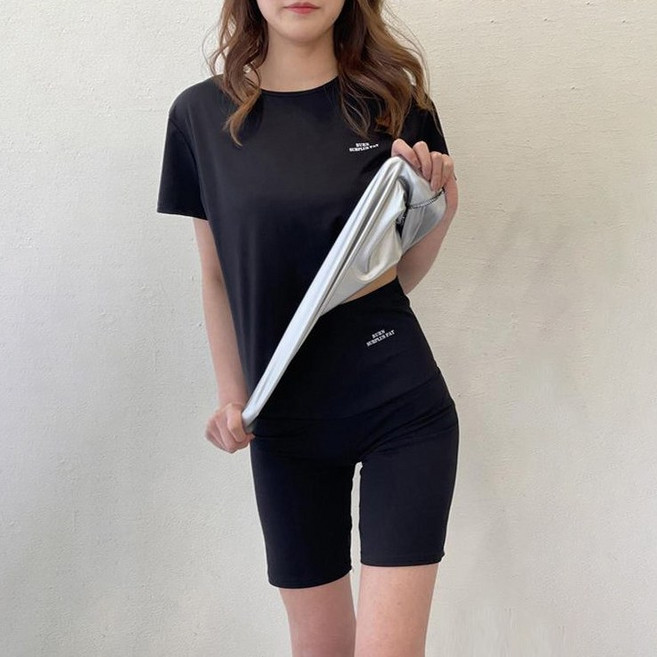 리츠제이 여성 땀복 반팔 5부 2p 세트 블랙 트레이닝 운동복 웜업 헬스복