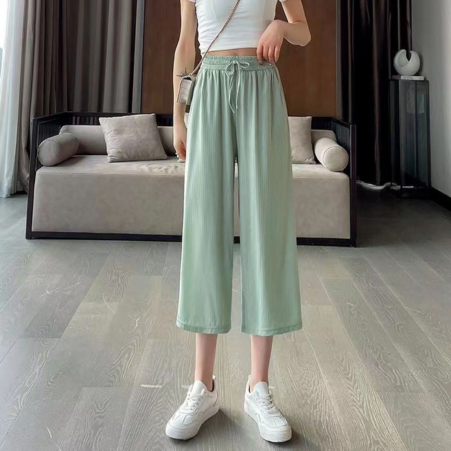 Qurora 冰絲涼感褲 七分闊腿褲 夏季薄款高腰休閒褲