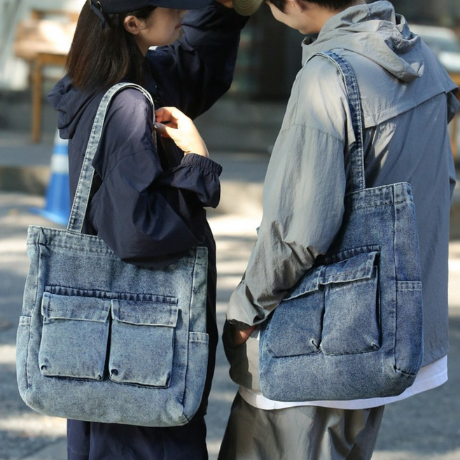 남녀공용 글랜클 포켓 데님 토트 숄더백 남자 여성 에코백