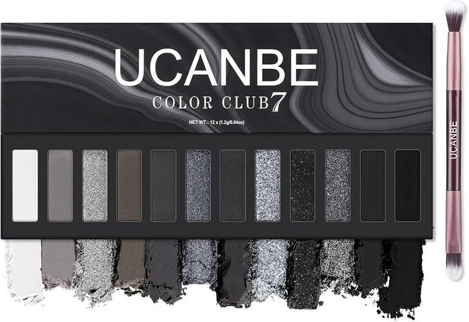 UCANBE Smokey 아이섀도우 팔레트 다크 블랙 화이트 그레이 실버 내추럴 누드 매트 쉬머 스모키 이모 고스 메이크업용 12가지 색상 고발색 오래 지속되는 방수 브러, 07 Palette, 1개