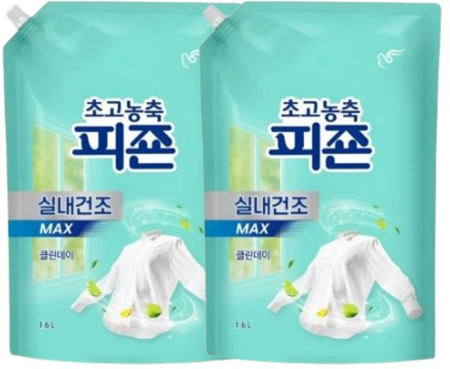 피죤 초고농축 실내건조 섬유유연제 MAX 클린데이, 1.6L, 2개