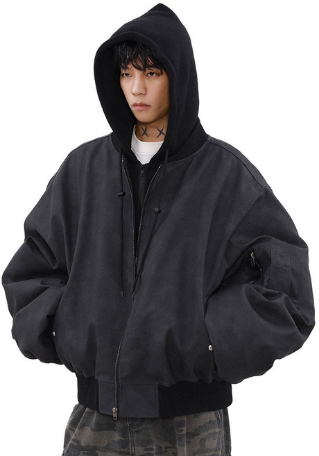 ANYOU 남성 봄 가죽 자켓 후드 집업 2in1 캐주얼 아우터