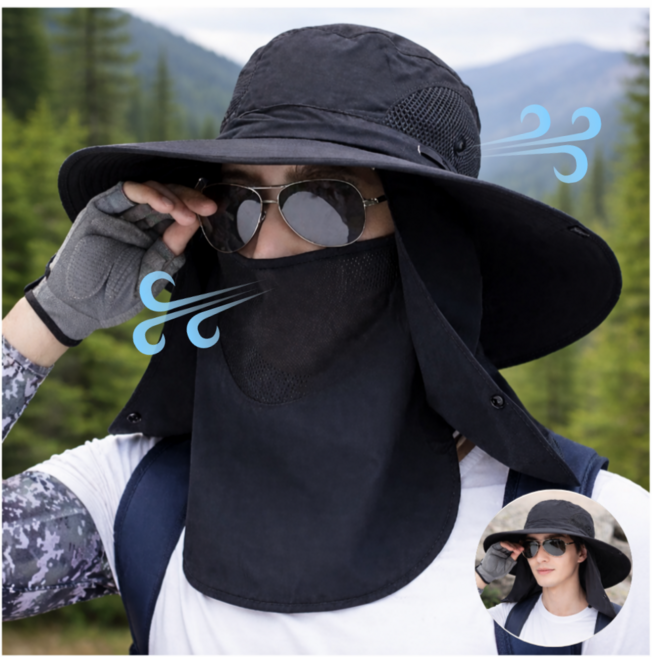 온그로우 얼굴완벽차단 탈부착 넥커버 와이드챙 등산 모자