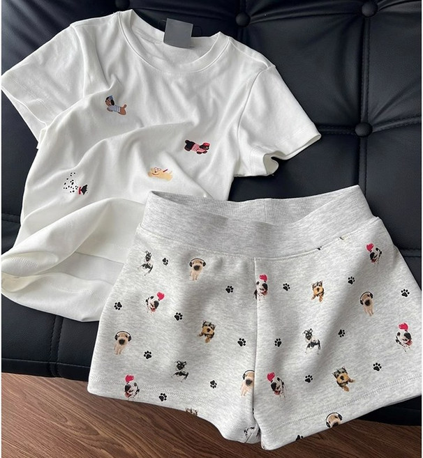 Asure 여성 여름 잠옷 세트 얇은 반팔 반바지 반팔 프린트 강아지 홈웨어