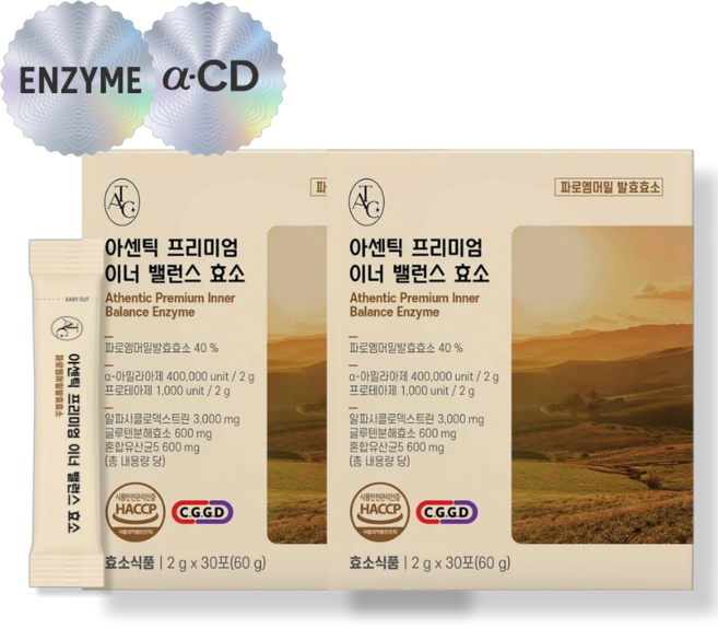[효소+알파CD]아센틱 프리미엄 이너 밸런스 효소(30포) 알파CD효소 파로엠버밀발효 효소 글루텐분해효소 알파시클로덱스트린 자연발효효소, 2개, 30회분