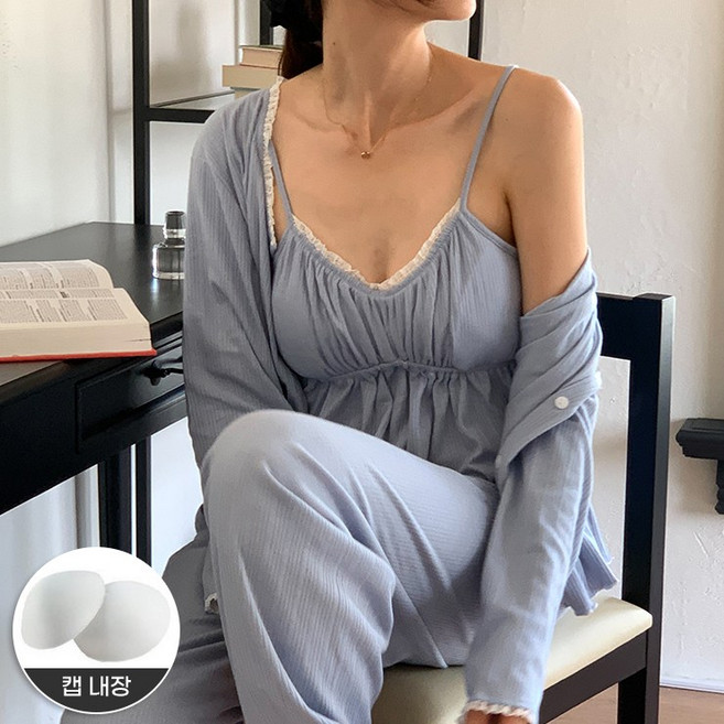 어나더뷰 2090 [내장패드/3Pset] 루틴 가디건+나시 파자마 상하세트 여성 골지 여름 봄 민소매 셋업 면 잠옷 홈웨어 리본 프릴 레이스 캡내장 캡나시