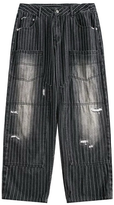 【Gshop.】日系水洗手工磨破條紋牛仔褲，男款寬鬆街頭直筒工裝褲