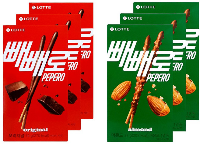 롯데웰푸드 빼빼로 2종 3개씩 (초코 오리지널54g+아몬드37g), 1개