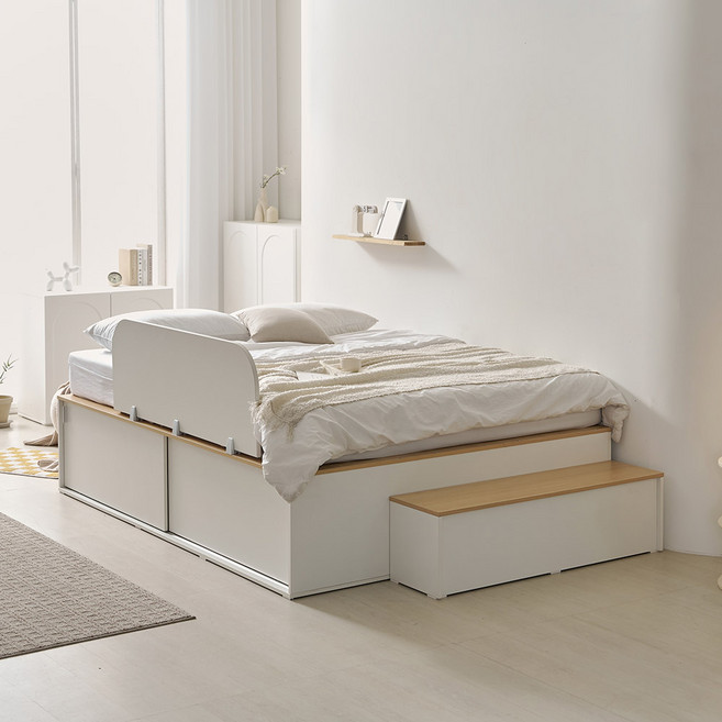 라자가구 E0 모아 슬라이딩 벙커 수납 침대 프레임 SS/Q (매트제외), 화이트오크