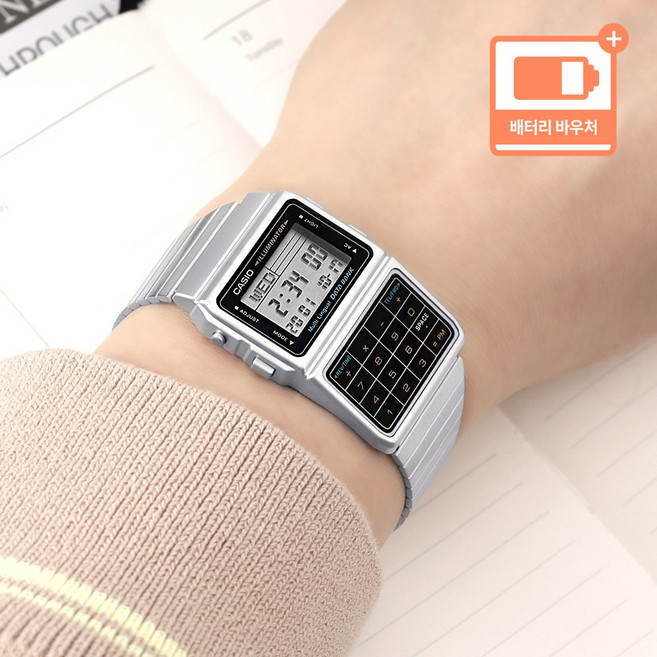 카시오 데이터뱅크 스퀘어 레트로 디지털 계산기 시계 + 배터리 바우처