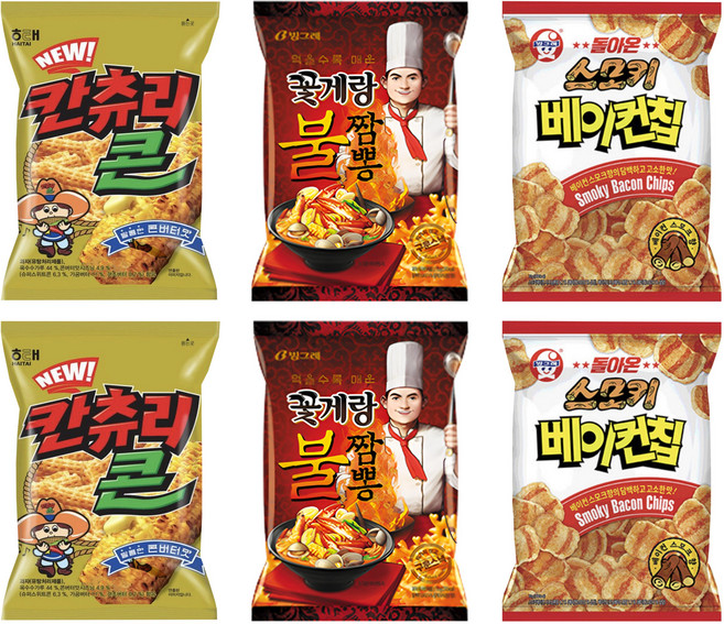 스모키베이컨칩 + 칸츄리콘 + 꽃게랑불짬뽕, 2세트, 230g