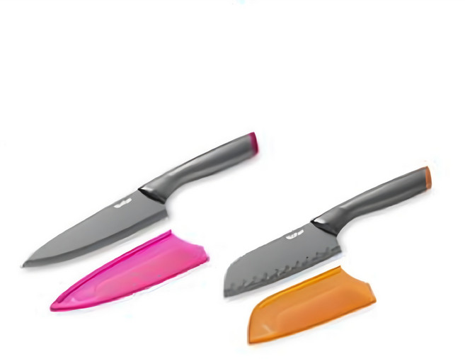 테팔 프레쉬키친 칼 2종 세트, 1세트, 식도 핑크 15cm + 산도쿠 오렌지 12cm + 칼집 2종