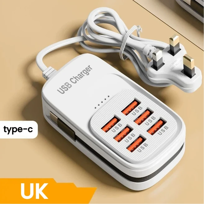 호환 고속 USB 충전기 6 in 1 멀티탭 데스크탑 충전 스테이션 고속 충전 코드 EU/UK/US 플매트 카펫 러그 U, 03 6USB White UK