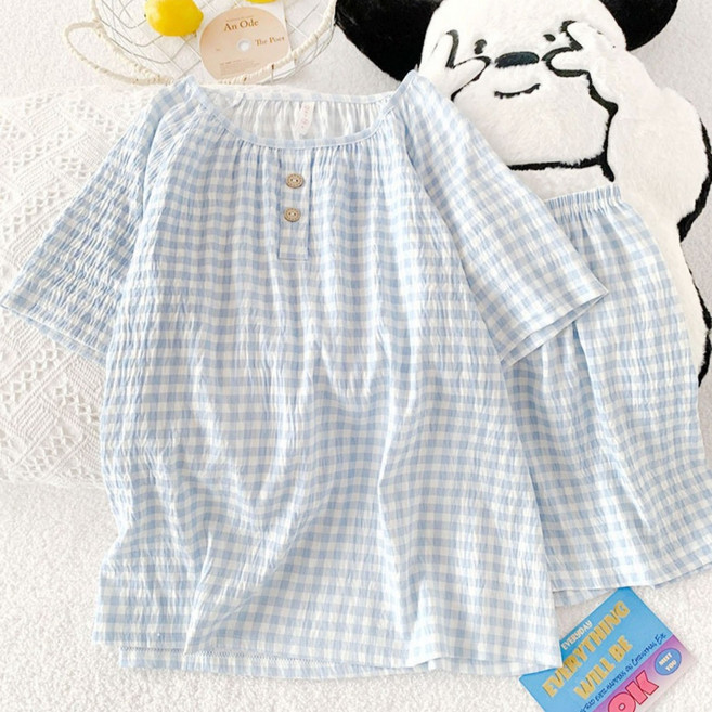 라랄라 프리사이즈 시원한 잠옷 체크 퓨어 여름 반팔 상하세트