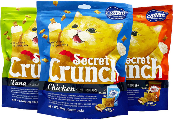 캣템 시크릿 크런치 고양이 과자 대용량 간식, 1세트, 600g, 연어맛1+치킨맛1+참치맛1