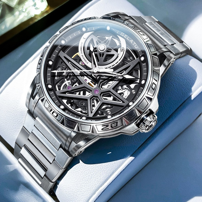 GELATU 남성 시계 정품 자동 기계식 오토매틱 럭셔리 명품 워터프루프 야광 투조 메탈 남성시계