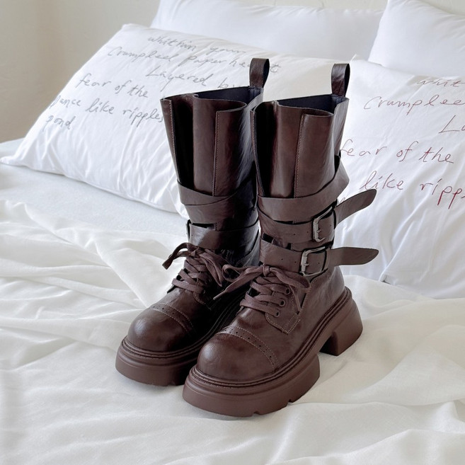 슈뿐 라운드토 더블 벨트 스트랩 발편한 통굽 워커 미들부츠 6cm