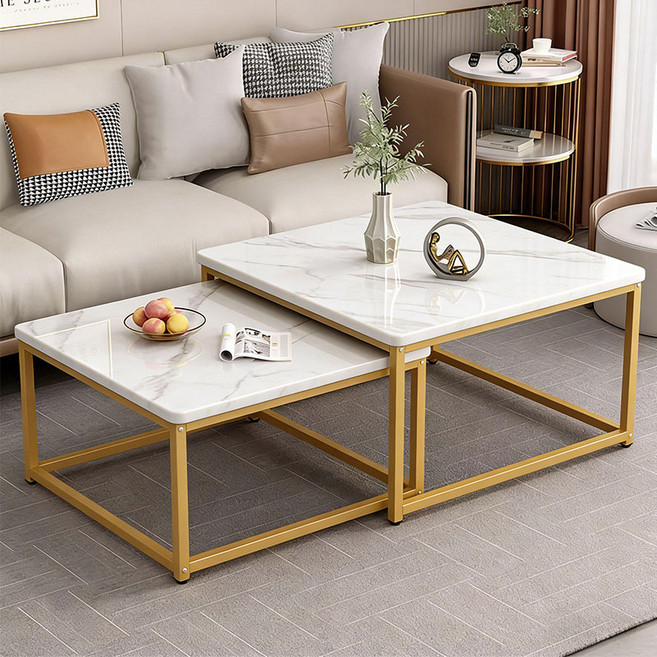 New World 거실 테이블 70+60CM 사각 쇼파테이블 CJ02, 화이트+골드