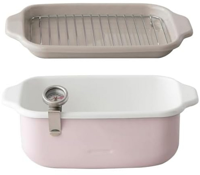 Amazon.co.jp 후지법랑(Fuji Horo) 사각형 튀김냄비 핑크 IH 지원 온도계 튀김망 배트 포함 선물, 상세페이지 참조, 1개