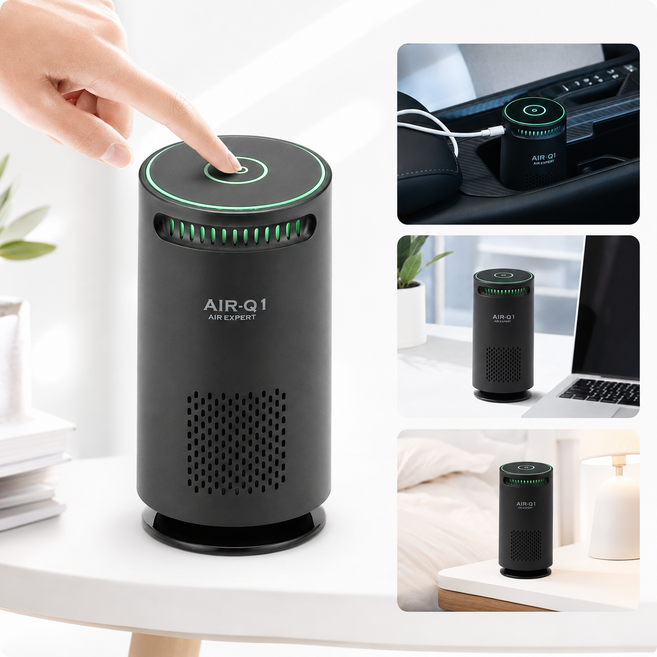 AIR-Q1 음이온 차량용공기청정기 컵홀더 USB 저소음, 블랙, 에어큐원