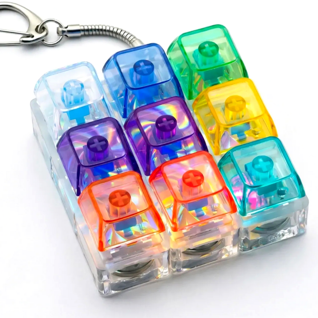 부럽다드 LED 기계식 키보드 키캡 키링 스트레스 해소 피젯토이 생일 선물 데스크테리어 소품, 1개, 레인보우 9구