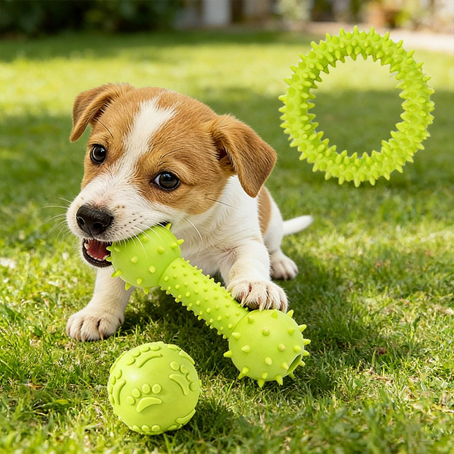 강아지 장난감 3종 세트로 치아 관리 및 치아 청결 기능을 갖추고 있으며 TPR 튕기는 장난감 치아 관리용 덤벨 링 모양 장난감이 포함되어 있어 강아지의 치아 발육기에 적합, 1세트, Green