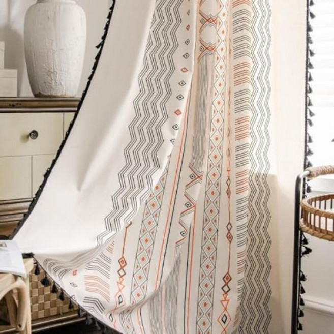 ColorBird Boho 커튼 2개 패널 213.4cm(84인치) 길이 패턴 웨스턴 아즈등 보헤미안 시크 데코 세미 암막 조명 필터링 드레이프 창문 트리트먼트 태슬 로드 포켓, 기하학적 오렌지