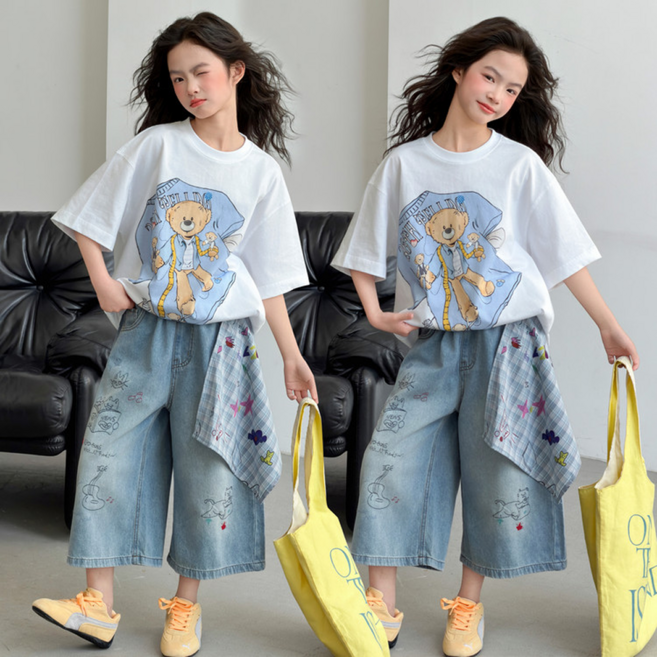 유영키즈 주니어 라운드 반팔티 청바지 상하세트 K23