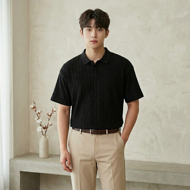 스타일닥터 남성 여름 루즈핏 자카드 반팔 니트 카라티 캐주얼 폴로셔츠