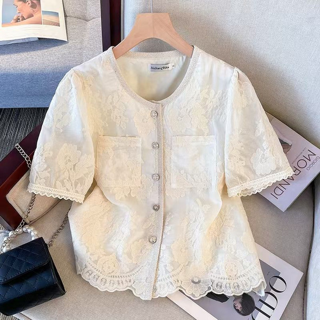 프렌치 여자 반팔 트위드 자켓 빅사이즈 여성복 레이스 패치 반팔 블라우스 여름 여성 상의 YJW