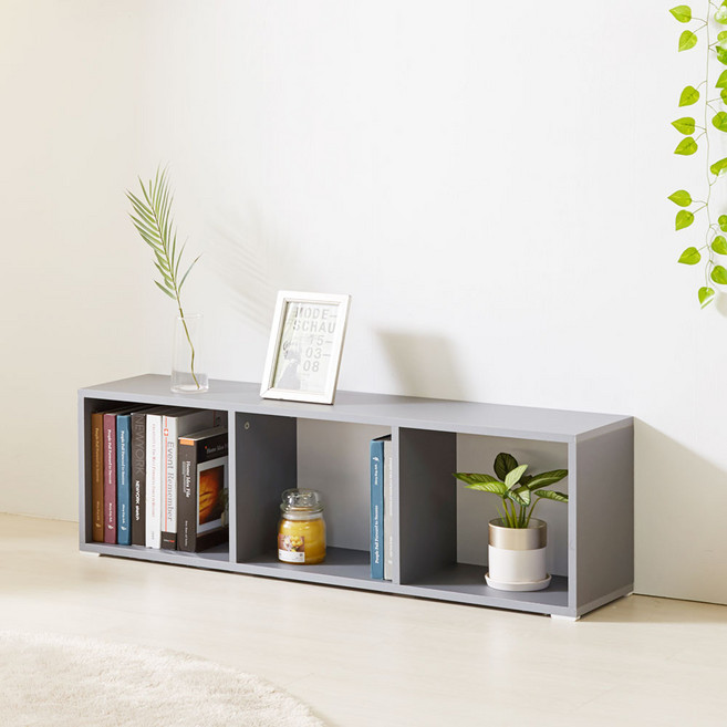 파란들가구 NEW LPM 3칸 낮은가로책장 3칸1단 수납장식장 공간박스 책꽂이 거실장, 그레이, 1단