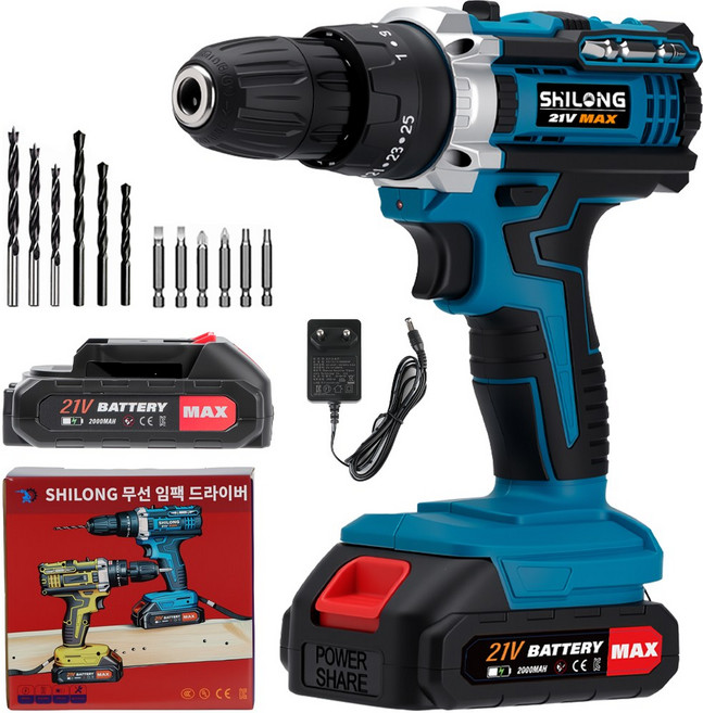 SHILONG 21V 가정용 전동 드릴 무선 드라이버 2000mAh 배터리1개 풀세트 가족 세트, 푸른 색