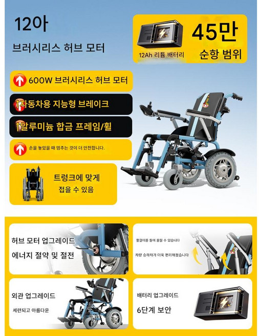피닉스 수 전동 휠체어 지능형 전자동 허브 모터 접이식 경량 대형 휠 스쿠터 노인 및 장애인용 46A6, 1박스, 12A 리튬배터리-약 20km 항속 (소형 휠)