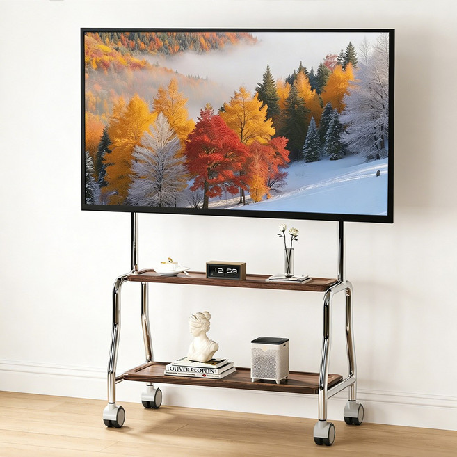 Bornoon 스텐 이동식 스탠드 티비 거치대 32-75인치 2단 원목 선반, 이중 TV 스탠드, 1개