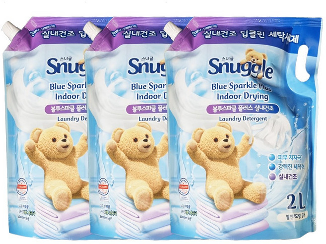 스너글 액체 세탁세제 블루스파클 플러스 실내건조, 2L, 3개