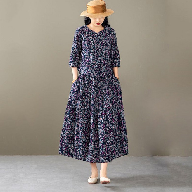 ORZQU 봄여름 중년 여성 에스닉 면 마 세트 프린트 셔츠 롱스커트 투피스