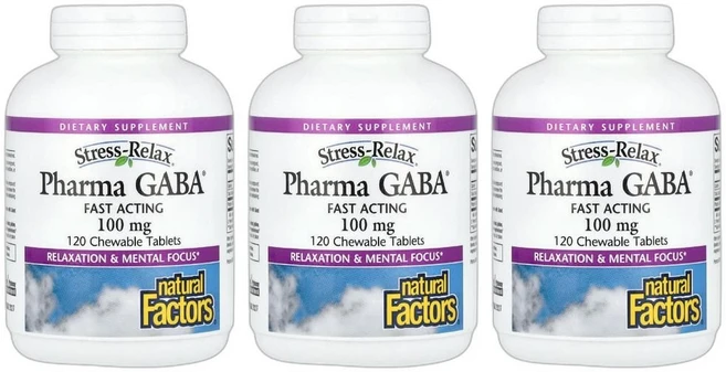 내추럴 팩터스 Stress-Relax Pharma 가바 100mg 츄어블 120정 3병 - 쿠팡