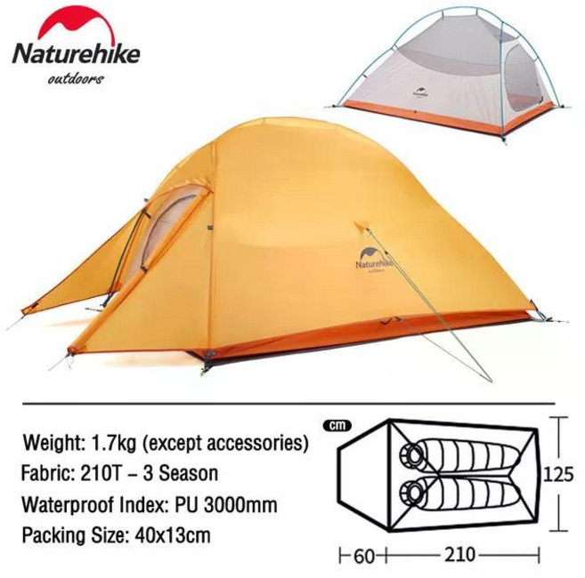 Naturehike 클라우드 업 몽가 스타 리버 2 인용 캠핑 텐트 초경량 배낭 하이킹 여행 무료 매트 포함, Cloud2-210T 오렌지