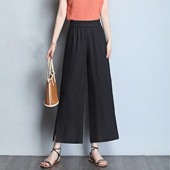 치유쿠 여성 여름 면 린넨 와이드 팬츠 빅 사이즈 9부 캐주얼 바지