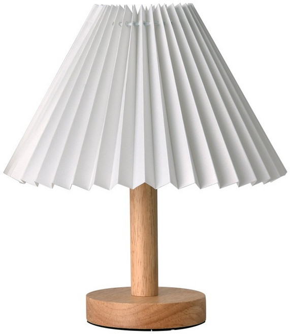 褶皺床頭燈 實木底座 復古百褶檯燈, 白色燈罩 暖光固定 不可調亮度, 白色燈罩