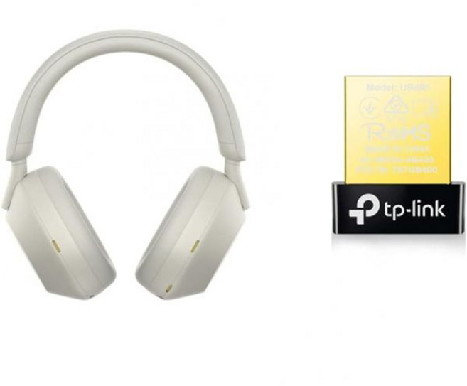 소니 무선 노이즈 캔슬링 스테레오 헤드폰 WH-1000XM5: 향상된 노이즈 캔슬링 성능 / 아마존 알렉사 내장 / 향상된 통화 성능 / 부드러운 가죽으로 우수한 사운드, 실버, 2) 블루투스 USB Adapter Set