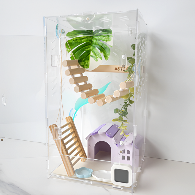 아스티렙 크레스티드 게코 아크릴 사육장 세트 20x20x35cm, 1세트, 퍼플 은신처