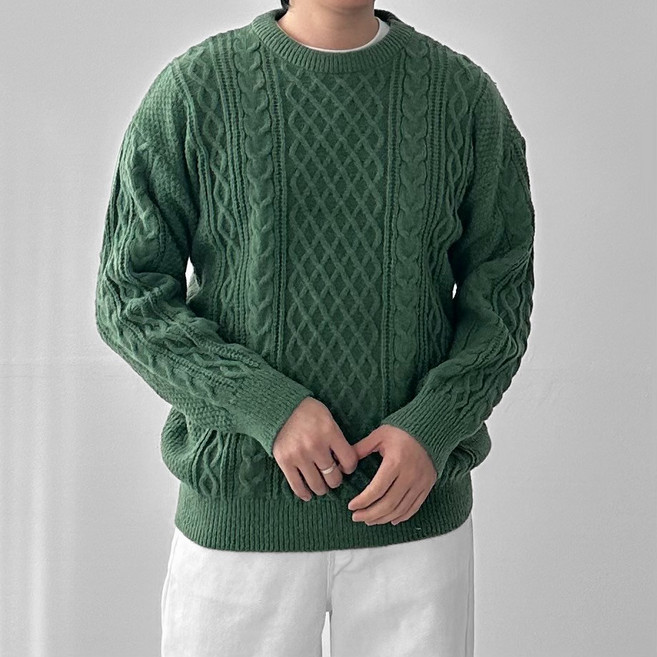 다이나믹피플 남자 두툼 꽈배기니트 오버핏 케이블 라운드 니트 스웨터