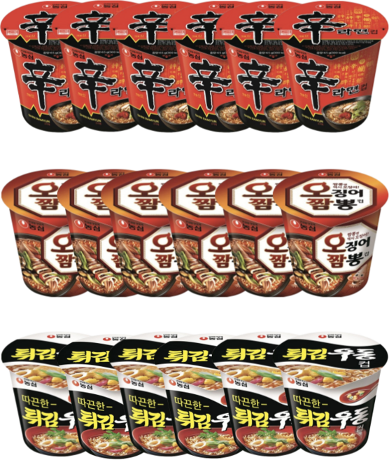 농심 컵라면 세트(신라면 6 + 오징어짬뽕 6 + 튀김우동 6), 18개