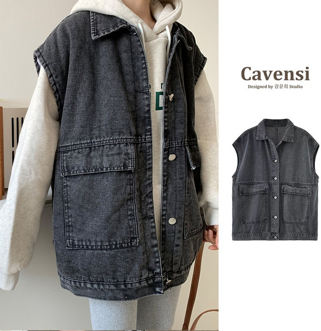 Cavensi 韓版寬鬆復古牛仔背心