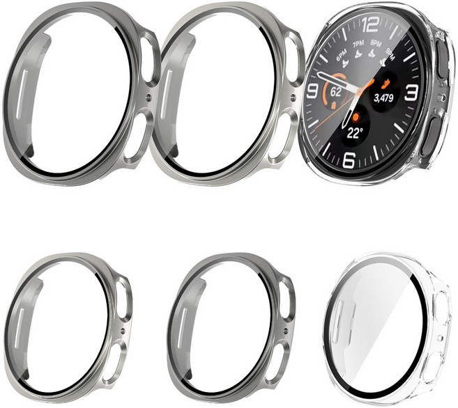 [젤센] 갤럭시워치8 전용 풀커버 일체형 9H 강화유리 케이스 메탈릭 3개 세트, 티타늄+그라파이트+투명