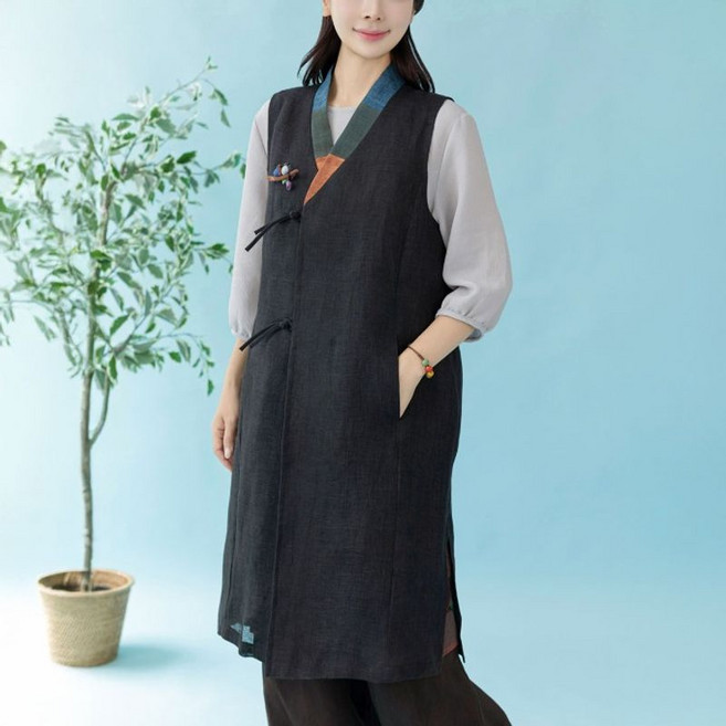 [디얼마미] 삼베 목조각 배색 조끼 마담 미시 중년 여성 빅사이즈 40대 50대
